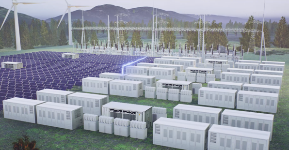 多くの太陽光パネルと蓄電池が並んでいるイメージ画像